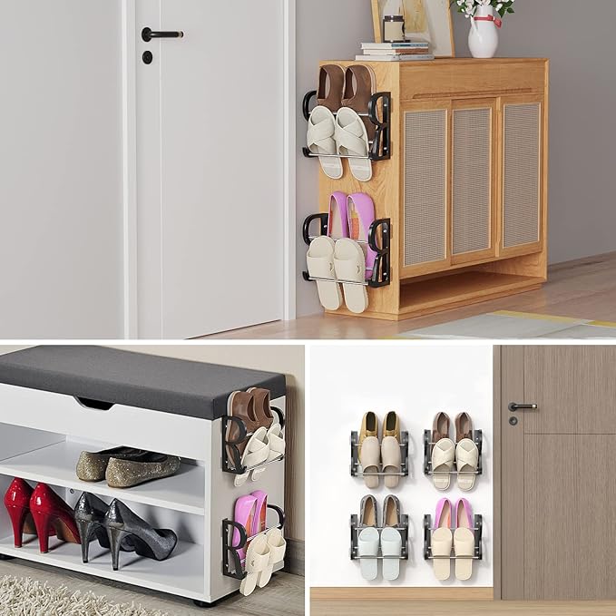 4 Pack Wall Mounted Shoes Rack Wall Shoe Holder Hanging Shoe Organizer Door Hanging Shoe Storage with Sticky Mounts for Camper RV with Hooks No Drilling Black