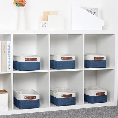 DULLEMELO Set of 6 Small Baskets for Organizing, Small Fabric Storage Bins for Toys Storage, Collapsible Storage Bins with Leather Handles for Shelves, Closets, Laundry, Nursery(White&Blue)