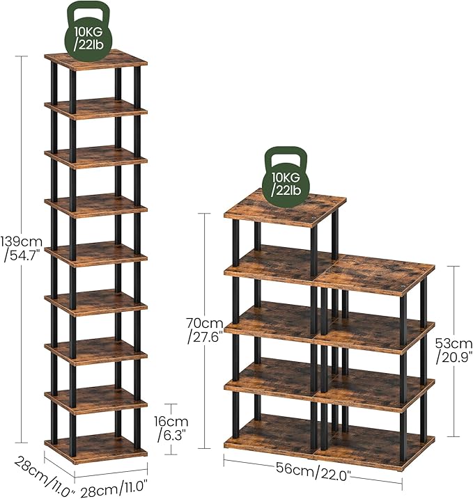 CHOEZON 9-Tier Vertical Shoe Rack, DIY Corner Shoe Rack for Entryway, Narrow Shoe Shelf, Tall Storage Organizer, Saving Space, for Small Spaces, Entryway, Hallway, Rustic Brown and Black MXJ01BF