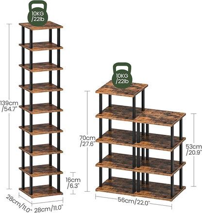 CHOEZON 9-Tier Vertical Shoe Rack, DIY Corner Shoe Rack for Entryway, Narrow Shoe Shelf, Tall Storage Organizer, Saving Space, for Small Spaces, Entryway, Hallway, Rustic Brown and Black MXJ01BF
