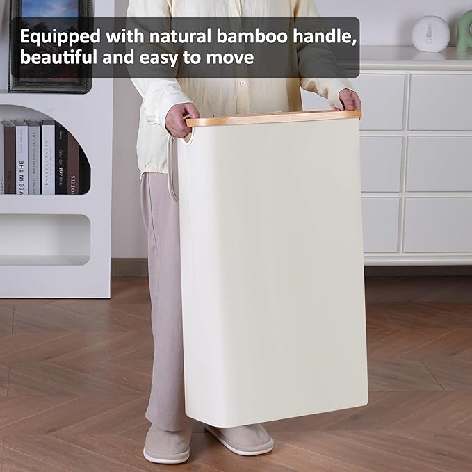 Slim Laundry Hamper,Narrow laundry Hamper with Lid,60L Hamper for Laundry,Dirty Cloth Hamper with Bamboo Handle for Towels, Clothes Organizing,Beige