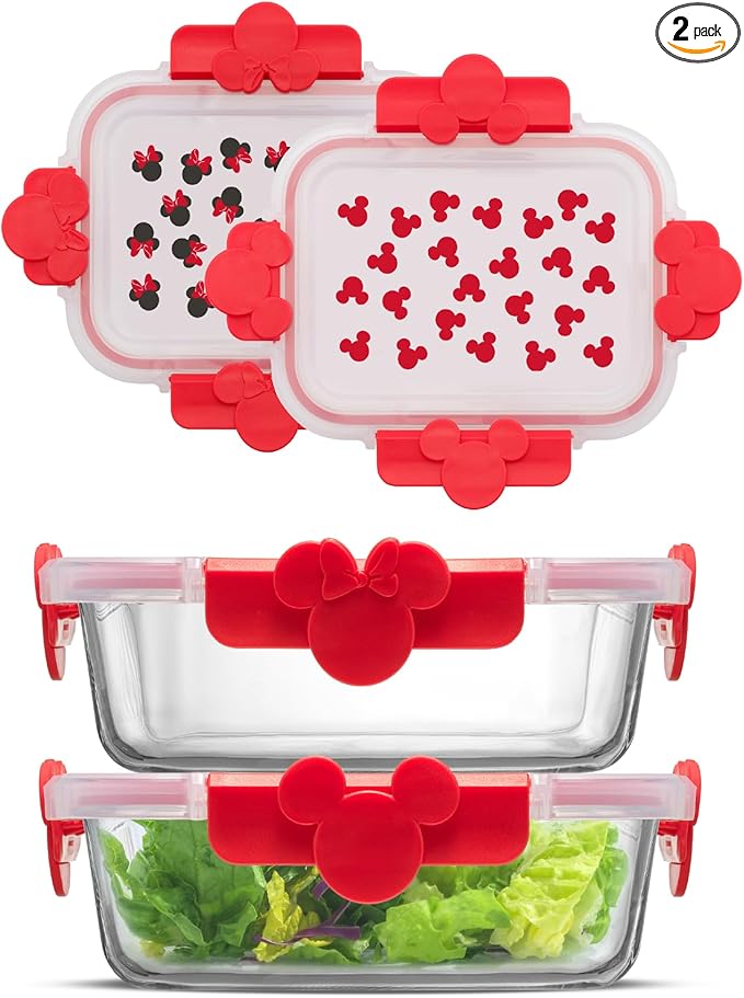 JoyJolt Disney Mickey & Minnie Glass Food Storage Containers with Lids, 2x Airtight Borosilicate Glass Storage Containers with Lids for Kitchen, Reusable Lunch Meal Prep Container, Disney Gifts | Red