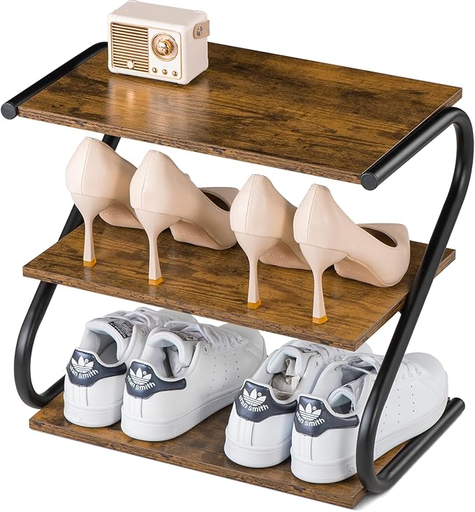Small 3-Tier Shoe Rack Organizer, S-Shaped Wooden Shoe Shelf with Durable Metal Shelves, Free Standing Shoe Storage for Entryway, Hallway, Living Room, Closet, Bedroom (17.2”), Rustic Brown