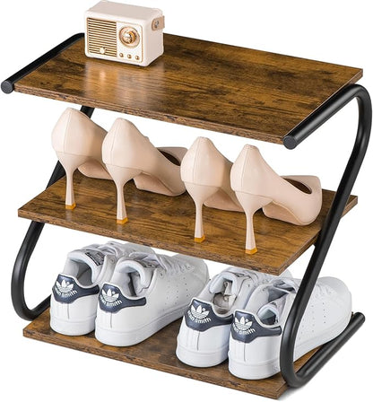 Small 3-Tier Shoe Rack Organizer, S-Shaped Wooden Shoe Shelf with Durable Metal Shelves, Free Standing Shoe Storage for Entryway, Hallway, Living Room, Closet, Bedroom (17.2”), Rustic Brown