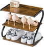 Small 3-Tier Shoe Rack Organizer, S-Shaped Wooden Shoe Shelf with Durable Metal Shelves, Free Standing Shoe Storage for Entryway, Hallway, Living Room, Closet, Bedroom (17.2”), Rustic Brown