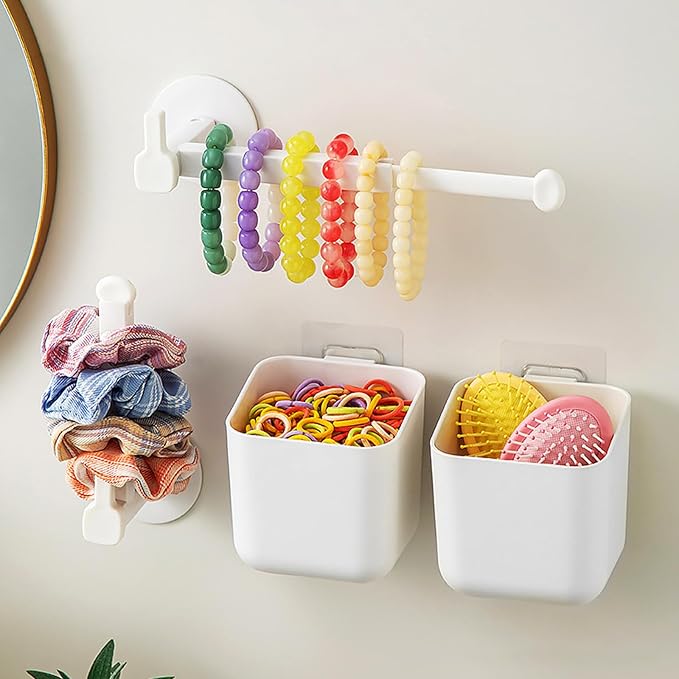 4-Pack Adhesive Headband Holder Organizer, Stretchable Wall Scrunchie Storage for Hair Ties, Hairbands, Claw Clips, Hair Brushes, Makeup Accessories, White