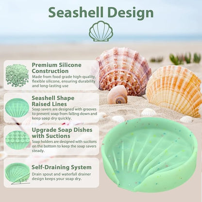 Silicone Bathroom Soap Dishes, Self Draining Waterfall Bar Soap Holder & Saver, Dish Soap Tray, Sponge Holder, 13 Non-Slip Suction Cups Dishwasher Safe for Bathroom Kitchen Shower Sink Organizer Green