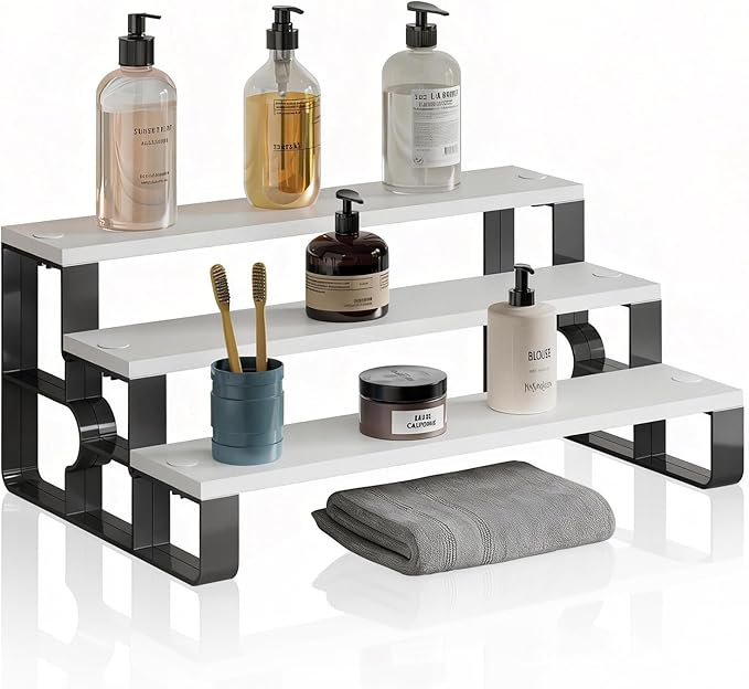 Cologne Organizer for Women,3 Tier Bathroom Organizer,Makeup Organizers,Perfume Stand for Dresser,Wooden Display Riser for Vanity,Bedroom,Waterproof(White-Width=14")