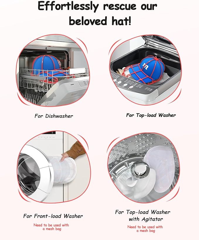 XQXA 2-Pack Baseball Hat Washer Cage | Machine-Washable Cap Cleaner Frame for Adult & Kid's Hats | Red