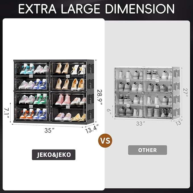 JEKO&JEKO 4 Tiers Foldable Shoe Rack Organizer Cabinet for Closet Entryway, Large Collapsible Shoe Storage Box with Magnetic Doors Fits Up to 16 Pairs (Black)