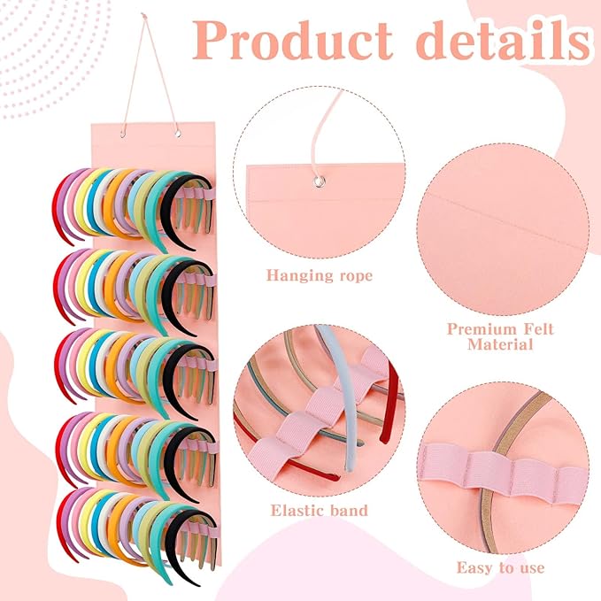 Tudomro Hanging Headband Holder for Girls Felt Hair Accessories Organizer with 60 Elastic Bands Bow Hanger for Girls Hair Bows Without Headbands(Pink,Plain Style)