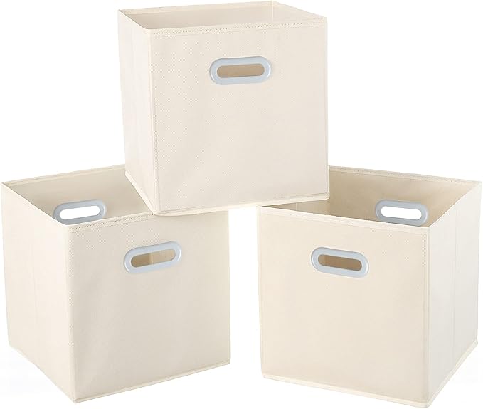 Fabric Cloth Storage Bins,Fabric Cube Organizer with Dual Handles Foldable Cube Storage Baskets for Home Bedroom Storage,Set of 3, Creamy-White