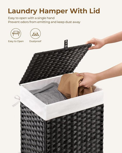 Greenstell Laundry Hamper with Lid, 60L Clothes Hamper with 2 Removable Liner Bags & 2 Mesh Bags, Handwoven Synthetic Rattan Basket, Toys in Bathroom, Bedroom Black