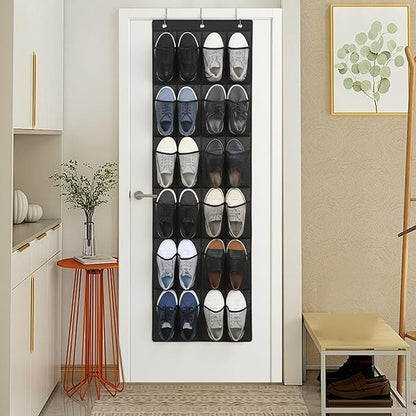 Shoe Organizer Door Hanger 24 Mesh Pocket over the Door Shoe Organizer Space Saving Hanging Storage Holder with Hooks 64x19 Inch Black
