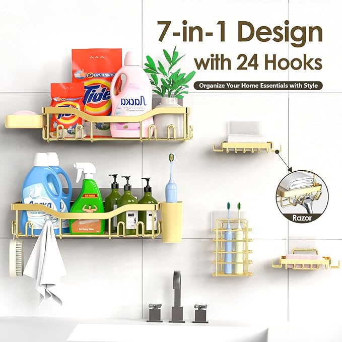 NESOMI Shower Caddy Adhesive Shower Organizer 7-Pack, Rustproof Stainless Steel Bathroom Shelves, Large Capacity No-Drill Rack Storage Accessories with Soap Dish Toothbrush Holder Hooks