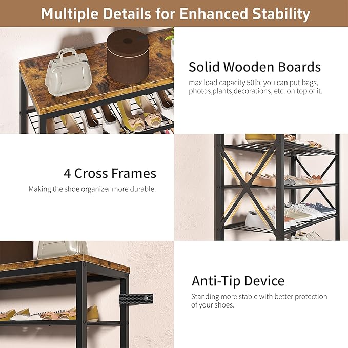 8-Tier Metal Shoe Rack for 32 Pairs, Heavy-Duty Shoe Organizer with Rustic Wooden Top, Space-Saving Entryway Shoe Storage for Closet, Garage, Hallway, Bedroom, Black & Rustic Brown