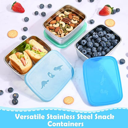 Tanjiae 3-Pack Stainless Steel Snack Containers - 550ml (18oz) Leakproof Colorful Lids with Cute Dinosaurs | LFGB Certified, Stackable Metal Lunch Box for Home, Picnic, Travel