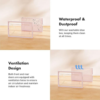 Foluck Shoe Storage Box, 15 Pack Clear Plastic Stackable Shoe Organizer for Closet, Interlocking Design Shoe Container Bins for Sneakers, Foldable Shoe Rack with Lids, Pink