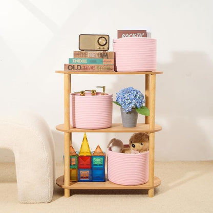MiniArk Small Basket for Organizing | Cube Shelf Closet Storage Baskets | 9.7×9.7×7.1” | Woven Rope Gift Basket | Nursery | Round 3 Packs Light Pink