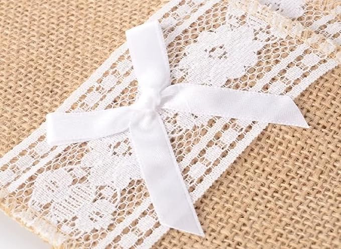 50 Pack Natural Burlap Cutlery Pouch,Burlap Silverware Holders Silverware Bags, Hessian Burlap Lace Utensil Napkin Holders, Knifes Forks Bag with Cotton Inner for Vintage Wedding Christmas