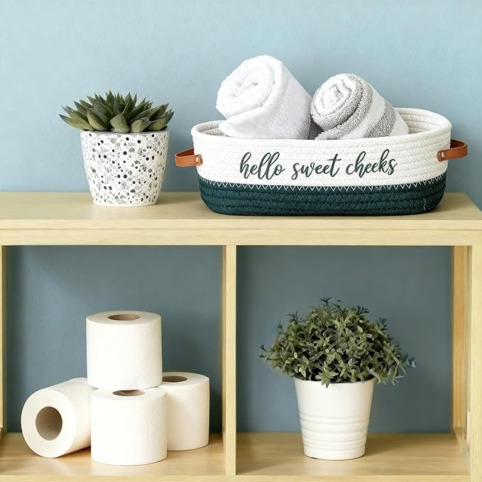 Hello Sweet Cheeks Bathroom Decoration Green and White Cotton Rope Toilet Basket Toilet Paper Holder Basket Rustic Bathroom Organizer Farmhouse Home Decoration Organizing Small Baskets