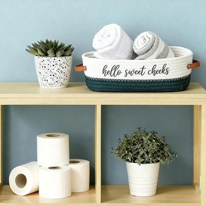 Hello Sweet Cheeks Bathroom Decoration Green and White Cotton Rope Toilet Basket Toilet Paper Holder Basket Rustic Bathroom Organizer Farmhouse Home Decoration Organizing Small Baskets
