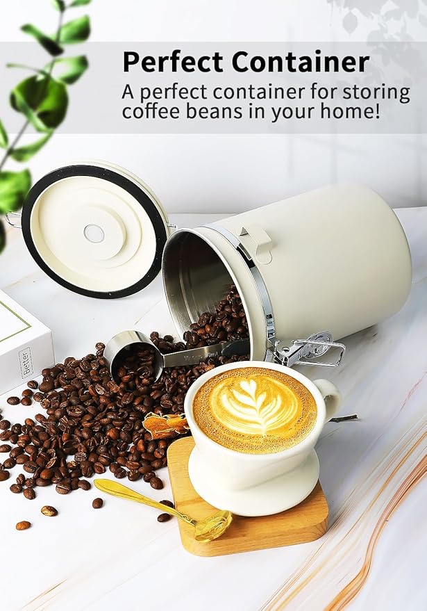 Coffee Canister with Airtight Lid, 22oz, 60 fl oz White, Stainless Steel Air Tight Lid Container with Date Tracker and Scoop Food Storage Jar for Coffee Bean (Cream)