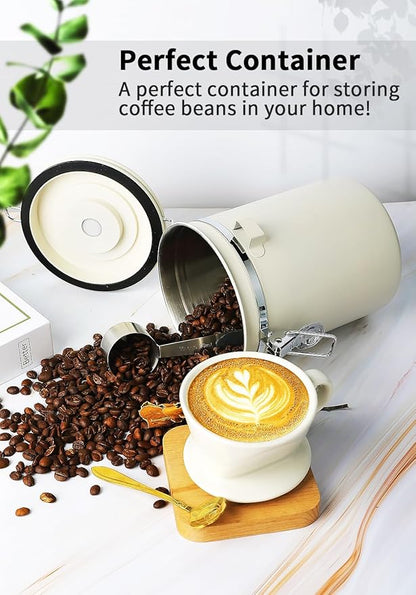 Coffee Canister with Airtight Lid, 22oz, 60 fl oz White, Stainless Steel Air Tight Lid Container with Date Tracker and Scoop Food Storage Jar for Coffee Bean (Cream)