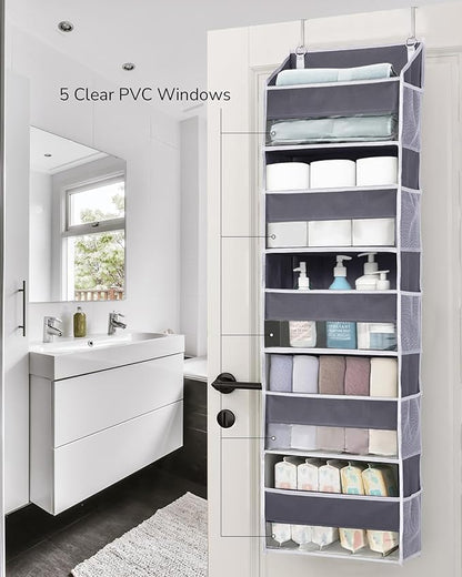 ULG 1 Pack Over Door Organizer with 5 Large and 10 Mesh Side Pockets, 44 lbs Weight Capacity Hanging Storage with Clear Window Kids Toys, Shoes, Diapers, Dark Grey, 5 Layers