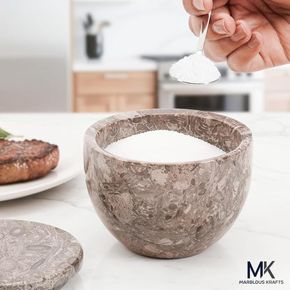 MARBLOUS KRAFTS Marble Salt Cellar with Lid and Spoon 3 x 4 Oceanic Salt Bowl, Spice Jar for Kitchen Countertop Organizer, Sugar Candy and Seasoning Container, Perfect Mother’s Day Gift for Mom