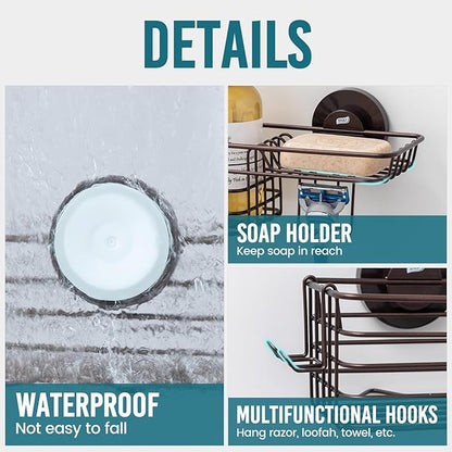TAILI Shower Caddy Suction Cup with Hooks & Soap Holder, Heavy Duty Bathroom Shower Organizer, No Drilling Shelves for Inside Bathroom, Brown Metal Storage Holder