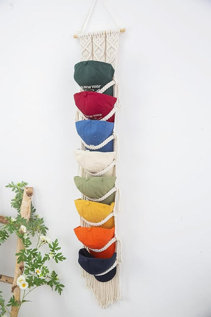 Macrame Cap Holder, Boho Hats Organizer for Baseball Caps, Hat Rack for Wall Hanging Decoration, Cap Rack for Collection Display, Handmade Cap Hanger Storage Organizer (Eight hats)
