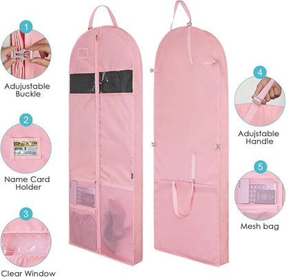 Garment Bags for Travel,60" Heavy Duty Suit Dress Garment Bag with 2 Clear Windows 3 Zipper Pockets,Dress Bags with Shoe Storage for Long Coat, Jacket, Sweater, Shirts, Suits - Pink