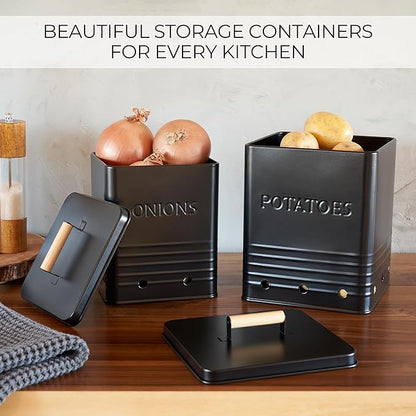 ZICOTO Beautiful Potato and Onion Storage Container Set, 10.1" & 8.9" - Perfectly Sized Spacious Canisters For Your Kitchen Counter Or Pantry - Food Safe Metal Bins Keep Produce Fresh Longer