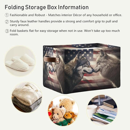 Large Storage Basket Wolf Usa Flag Storage Bin Cube Canvas Fabric Organizer Handles Collapsible for Clothes Toys Bedroom Decorative