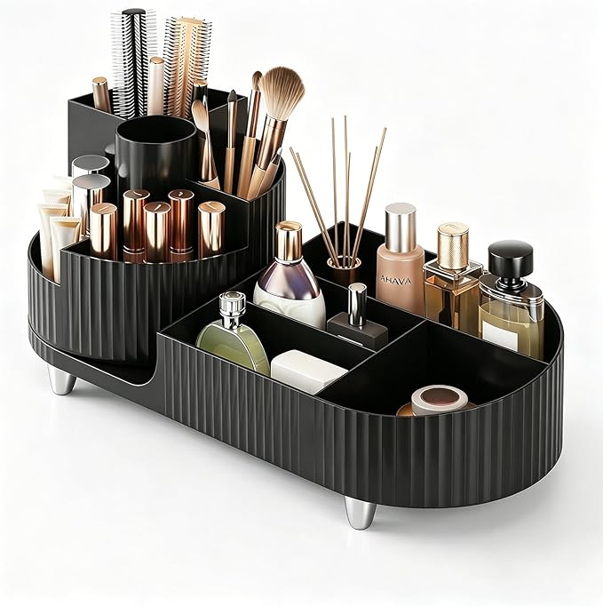 Makeup Organizer with 360° Rotating Brush Holder Cosmetic Storage for Cosmetics, Skincare, Perfume, Bathroom Vanity Desktop Organizer, Lotions Display Case (Black)