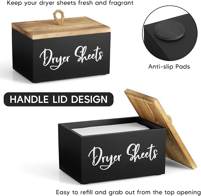 Wood Dryer Sheet Holder - Laundry Sheets Container with Lid - Farmhouse Laundry Room Organization and Storage for Laundry Room Decor and Accessories - Fabric Sheet Dispenser, Black