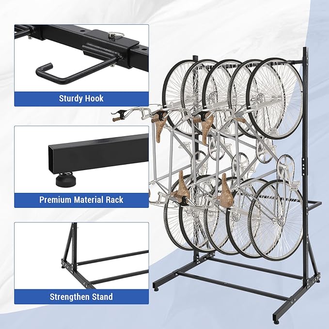 Freestanding Bike Rack for 5 Bicycles, Heavy Duty Vertical Bike Storage Stand with Adjustable Height, 300 Lbs Capacity, Steel Organizer with Non-Slip Hooks, Easy Assembly for Garage, Apartment, Indoor