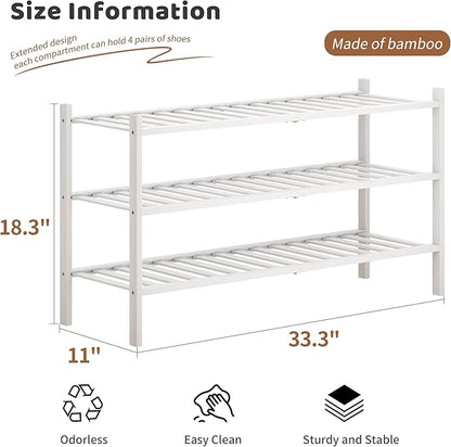 Bamboo Shoe Rack Stackable Shoe Shelf Storage Organizer for Unit Entryway Hallway and Closet Sturdy Freestanding Long Shoe Shelf(3L Tier White)