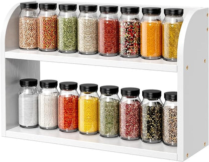 ROMGUAR CRAFT 2 Tier Bamboo Spice Rack, Countertop or Wall Mounting Wood Spice Jars Organizer Shelf for Kitche, Pantry (White)