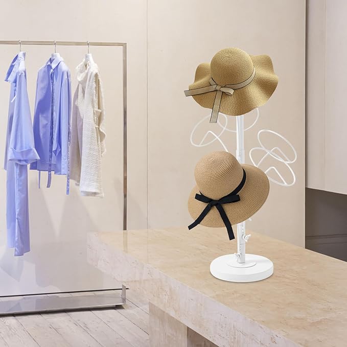 Modern Art Desktop Hat Stand, 6 Hooks Short Hat Rack Stand for Retail, Cowboy Baseball Cap Metal Multiple Holder Hat Storage Rack, 21.6in Height