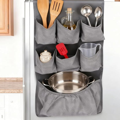 15-Pocket Fridge Storage Hanger, Gray Fabric Hanging Mini Fridge Caddy, 65 x 12.6 in / 165 x 32 cm, Over The Door Organizer for Kitchen, Pantry, Condiments, Utensils, Space Saving