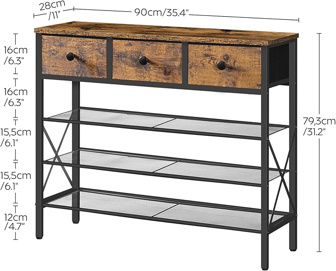 YATINEY 4-Tier Shoe Rack with 3 Drawers, Metal Shoe Organizer for 15 Pairs with Storage Shelves and Wooden Top, for Entryway, Hallway, Foyer, Closet, Rustic Brown and Black SS34BR