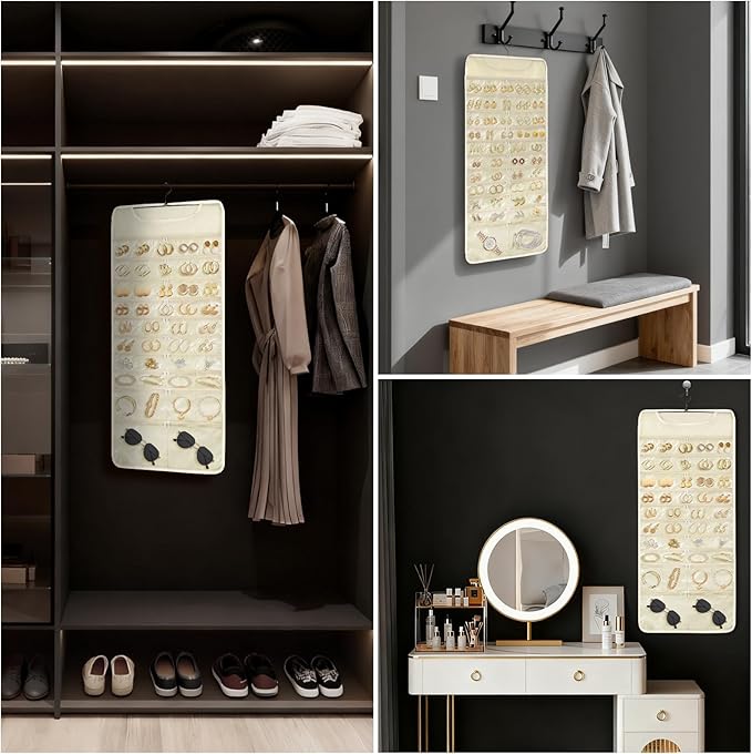 FOREGOER Hanging Jewelry Organizer with 88 Zippered Pockets, Dustproof Foldable for Travel, Accessories Organizer for Holding Jewelries Earring Organizers and Storage (Beige)