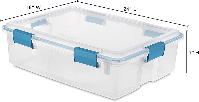 Sterilite 37 Qt Gasket Box, Stackable Storage Bin with Latching Lid and Tight Seal, Plastic Container to Organize Underbed, Clear Base and Lid, 4-Pack