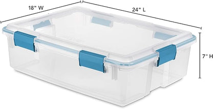 Sterilite 37 Qt Gasket Box, Stackable Storage Bin with Latching Lid and Tight Seal, Plastic Container to Organize Underbed, Clear Base and Lid, 4-Pack