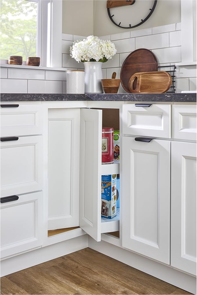 Rev-A-Shelf 24" Pie-Cut Dual Tier Lazy Susan Organizer for Corner Base Kitchen Cabinets, Plastic Home Rotating Storage Shelves, White, 2942-24-11-1