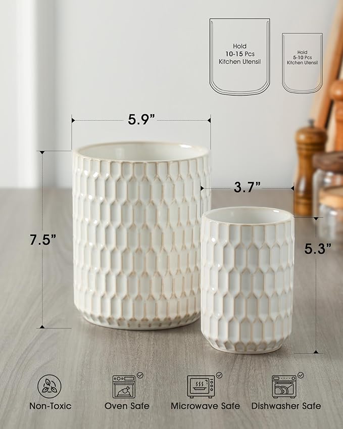 Utensil Holder, 7.5"+5.3" Ceramic Kitchen Utensil Holder for Countertop, Large Cooking Utensil Crock for Kitchen Counter, Set of 2, Beige