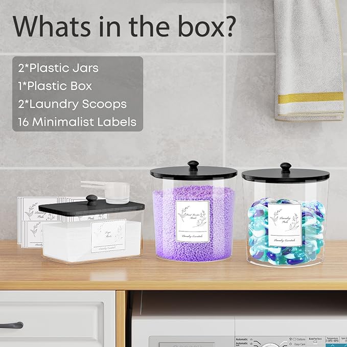 COAZEX 3 Pack Laundry Powder Container & Dryer Sheet Holder, Plastic Laundry Room Organization and Storage Jars with Lids, Labels & Scoops for Powder, Detergent, Scent Booster (Black Lid)