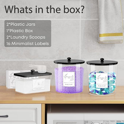 COAZEX 3 Pack Laundry Powder Container & Dryer Sheet Holder, Plastic Laundry Room Organization and Storage Jars with Lids, Labels & Scoops for Powder, Detergent, Scent Booster (Black Lid)